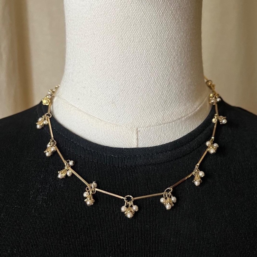 Vintage Gold Tone Faux Pearl Fringe Necklace 18" Dainty‎ Bar Chain